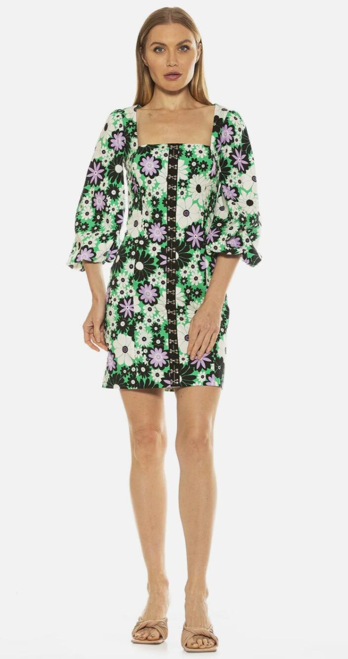 Alexia Admor Sammie Mini Dress 60s Green Floral Size 4 Retro Square Neck